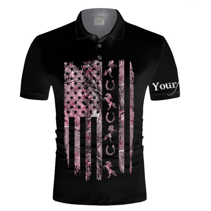 Personalized American Flag Horse Pink Muddy Camo 3D Aop Polo Shirt