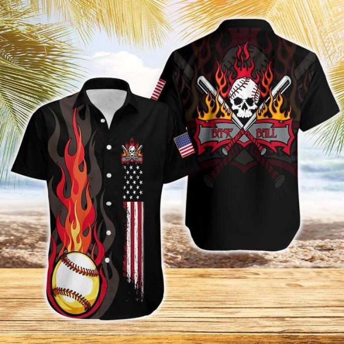 Flame Baseball Skull American Flag Hawaiian Shirts