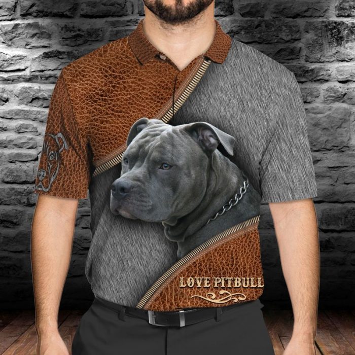 Pitbull Shirt – Love Pitbull Terrier Leather Pattern Print Polo Shirt For Dog Lover