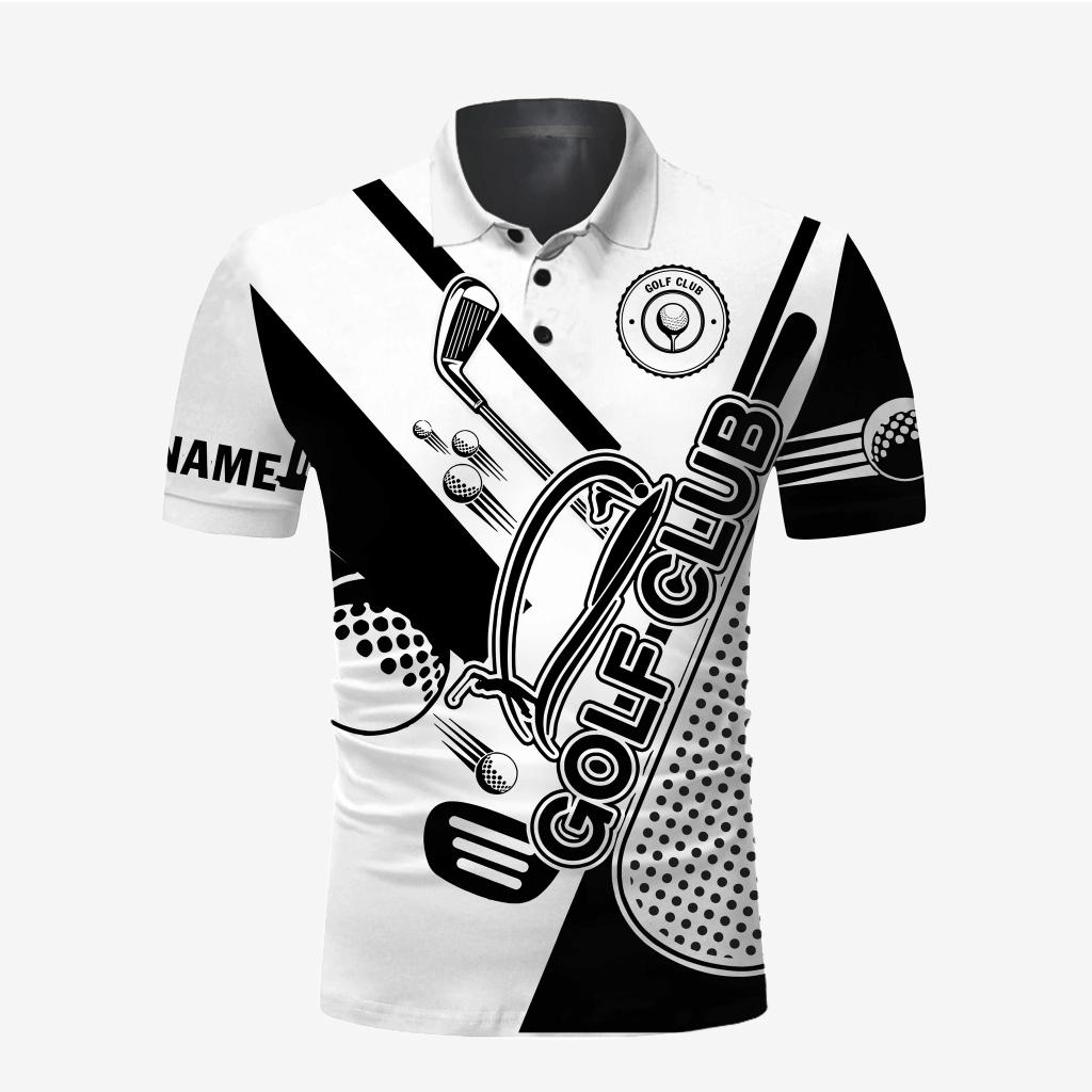 Golf Club Shirt – Golf Club Custom Name And Logo All Over Print Black And White Polo Shirt