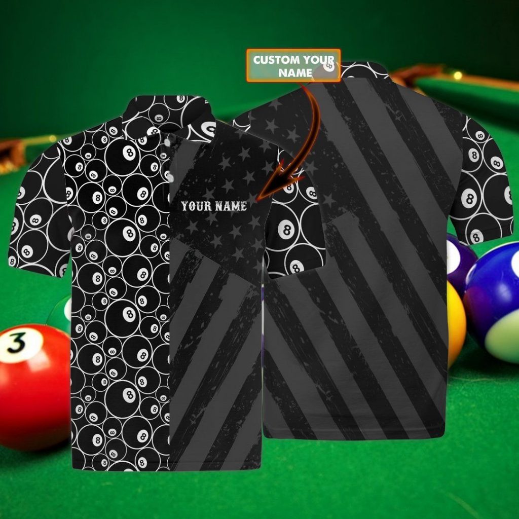 Billiard Shirt – Amazing Black Billiard Pool Balls America Flag Personalized Name Polo Shirt