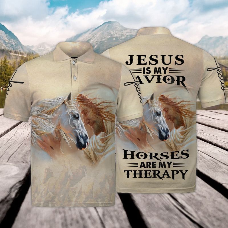 Horse Shirts – White Horse, Jesus Is My Savior Horses Are My Therary Polo Shirt