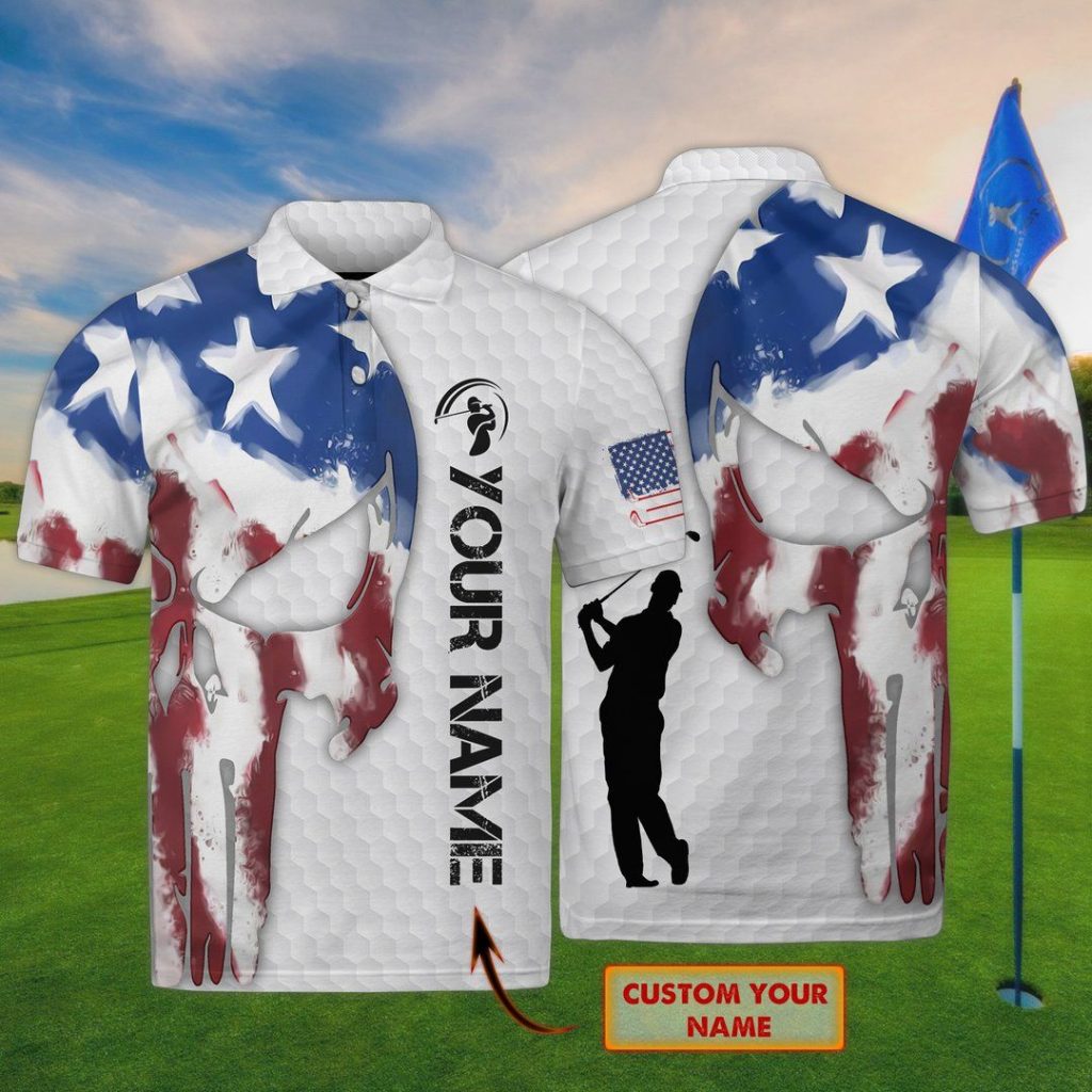 Best Golf Shirt – Golf Skull Bones Star Stable Of America Flag Personalized Name Polo Shirt