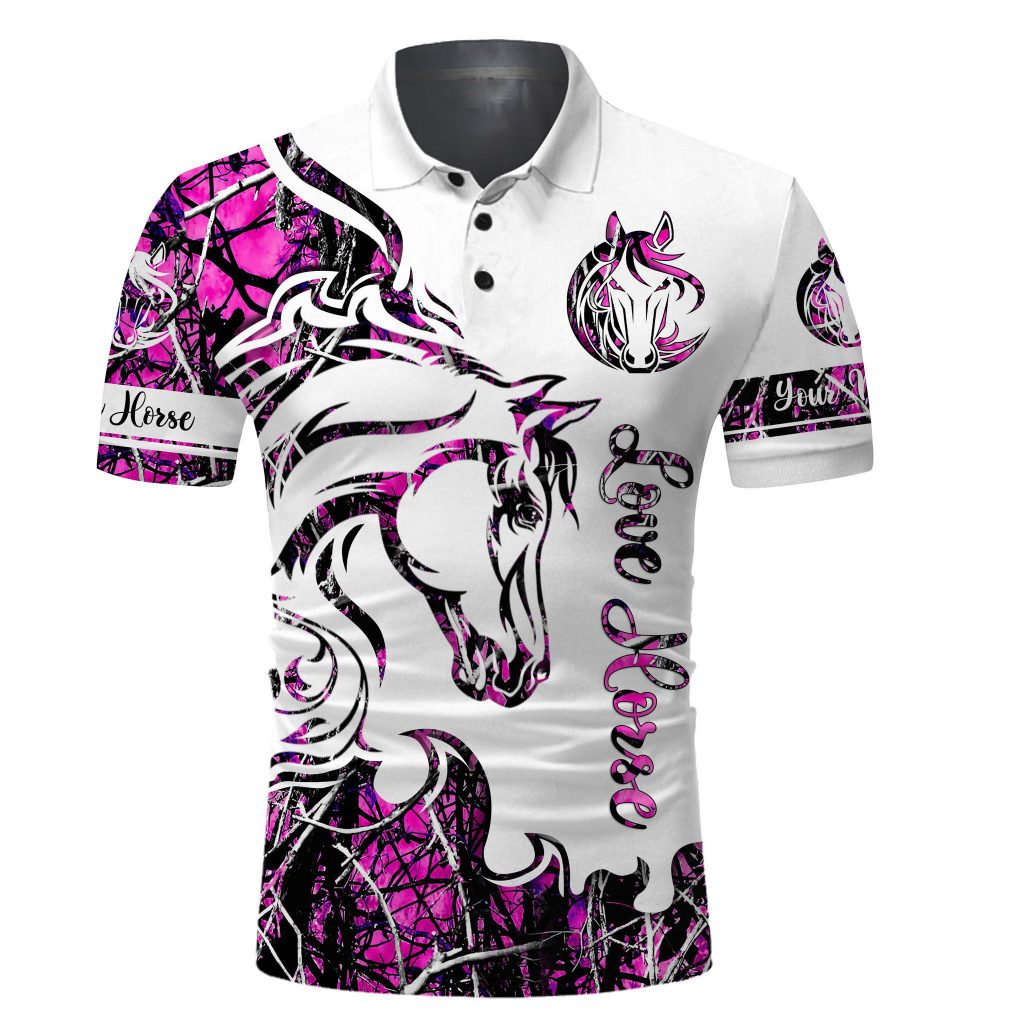 Horse Polo Shirt – Beautiful Horse Tattoo Pink Muddy Camo Custom Name Gifts For Horse Lovers