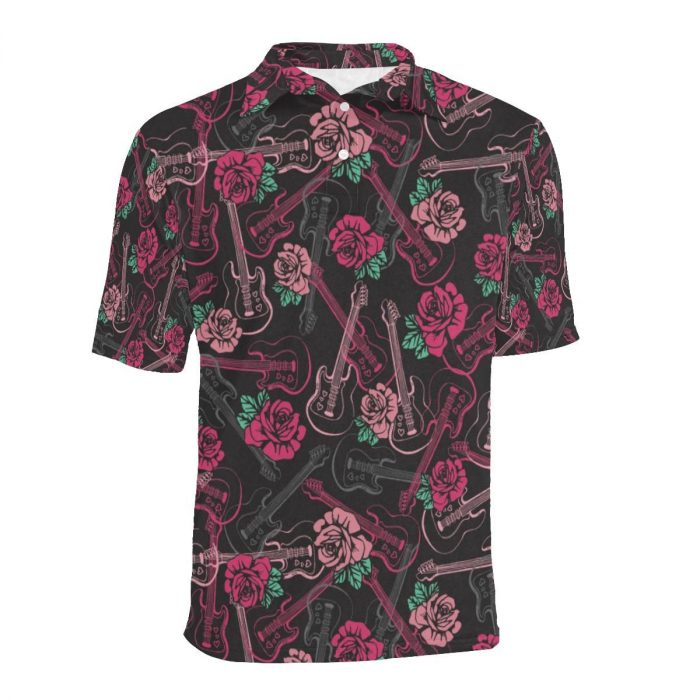 Music Shirt – Bass Guitar Pink Rose Pattern Print Design Polo Shirt Gift For Men And Women