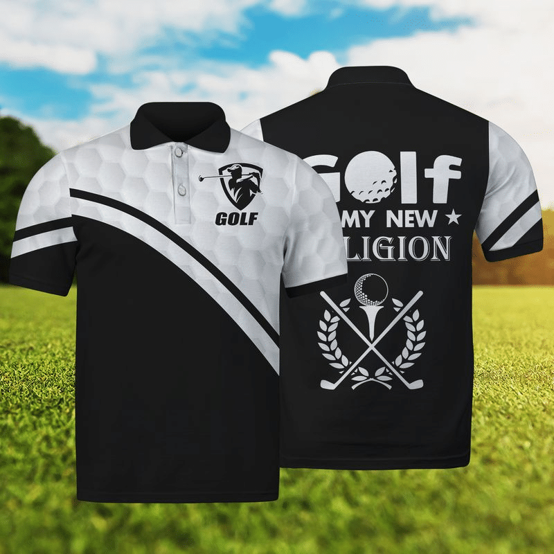 Golf Shirt Designs – Golf Is My New Religion Black And White Polo Shirt