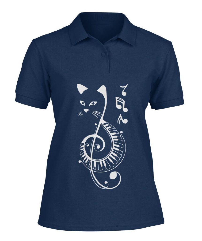 Music Shirt – Awesome Music Key Notes And Cute Cat Navy Polo Shirt