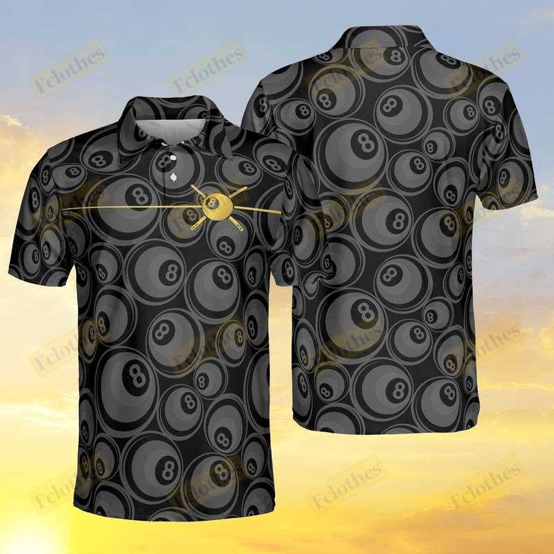 8 Ball Pool Shirts – Golden 8 Ball Billiards Black Pattern Polo Shirt
