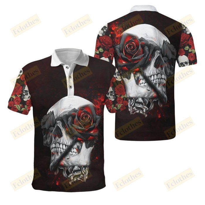 Skull Shirt – Skeleton Bones Black Rose Flowers Polo Shirt For Men And Women