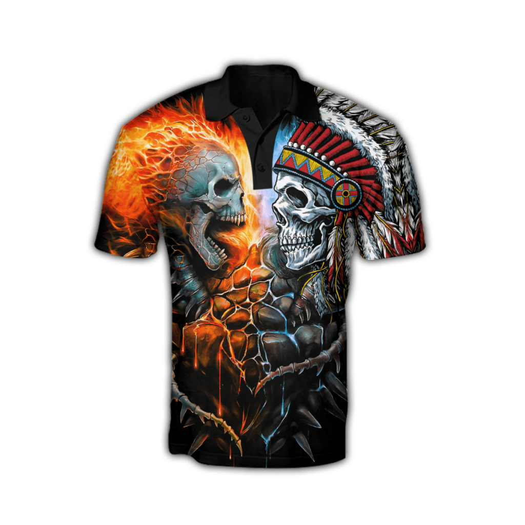 Skull Shirt – Beautiful Lightning Skeleton On The Fire And Native American Polo Shirt