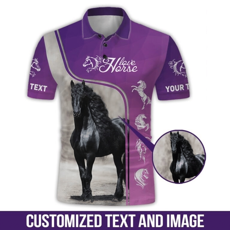 Personalized Horse Shirt – Customized Text And Horse Image All Over Printed Purple Polo Shirt