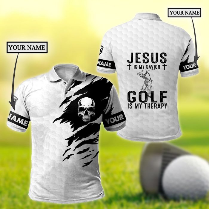 Best Golf Clothes – Golfer Clubs, Jesus Is My Savior Golf Is My Therapy Custom Name Polo Shirt