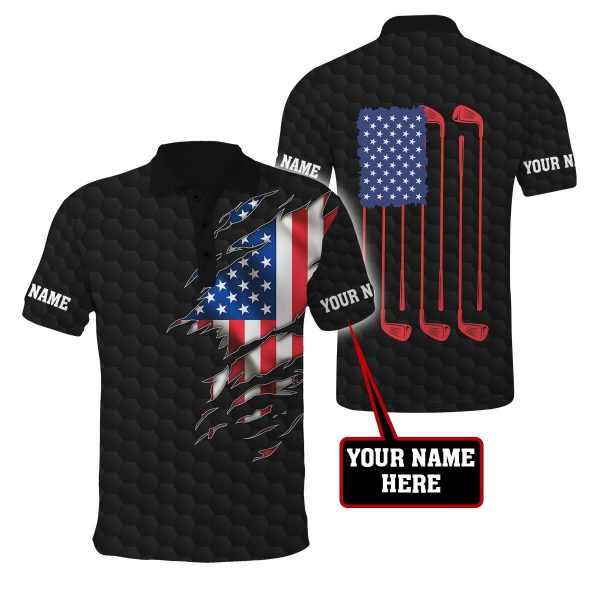 Golfer Shirt – Playing Golf Balls America Flag Art Custom Name Polo Shirt