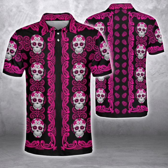 Black Skull Shirt – Colorful Sugar Skull Pattern Premium Polo Shirt