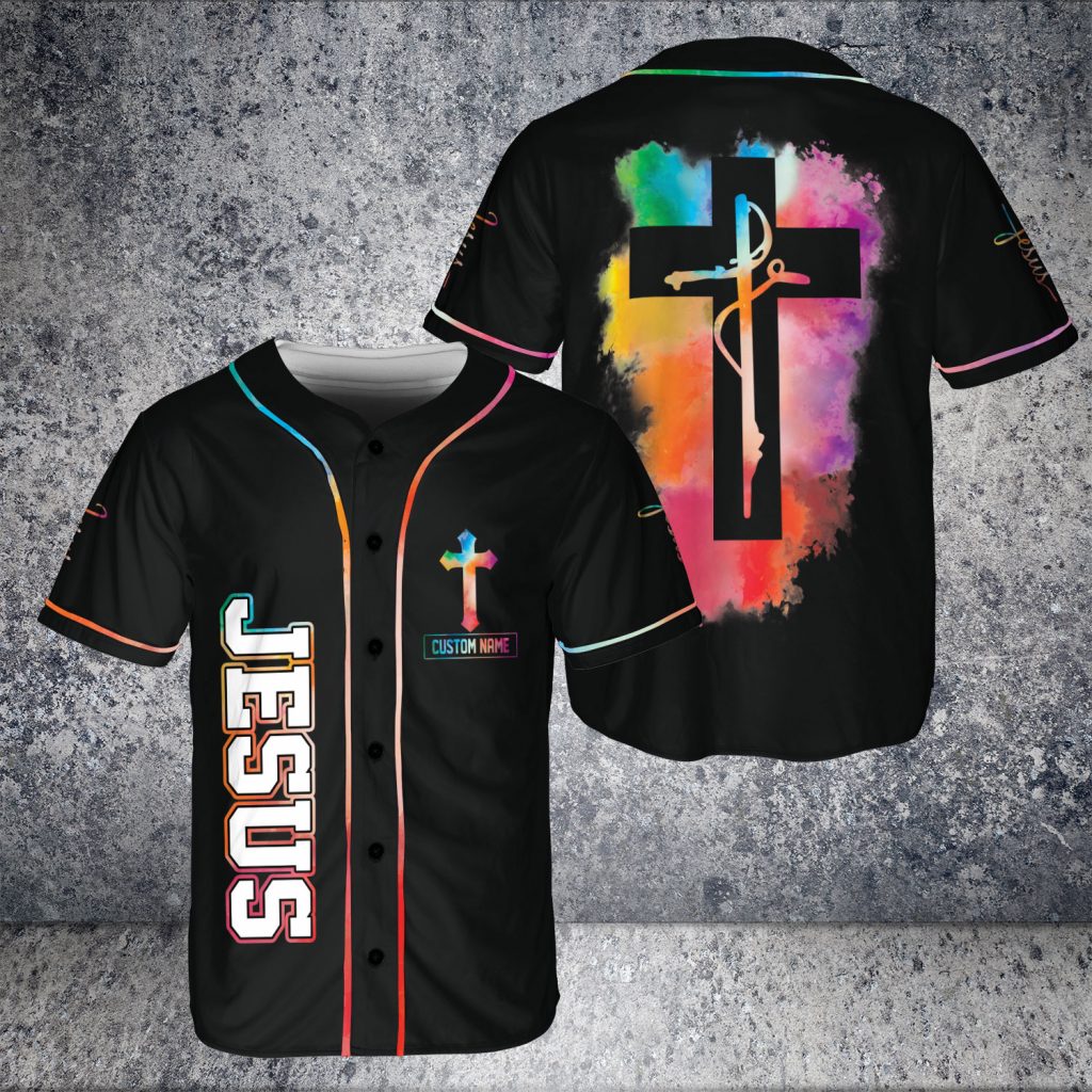 Custom Name God Tree Cross  Jesus Colorful 3D Baseball Jersey