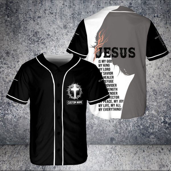Jesus Is My God My Savior Lion Cross  Christaian Jesus Face Baseball Jersey Black/White