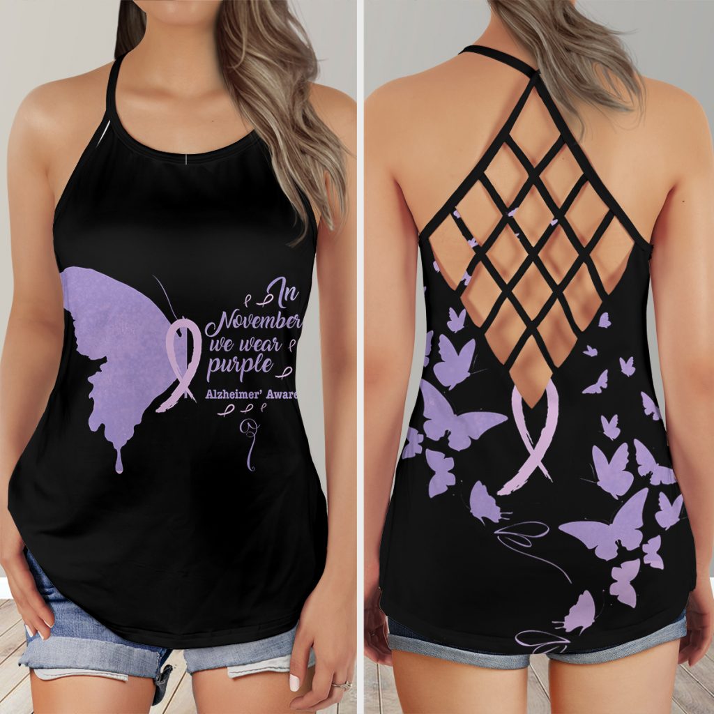 Custom Date  November We Wear Purple Butterfly –  Alzheimer Awareness 3D Criss-Cross Tank Top