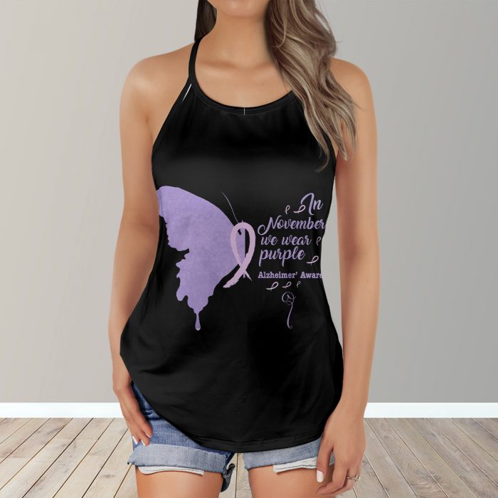 Custom Date  November We Wear Purple Butterfly –  Alzheimer Awareness 3D Criss-Cross Tank Top