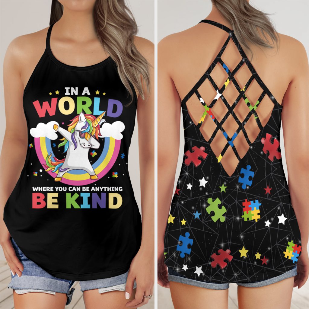Flip Flop Unicorn Be Anything Be Kind In World Awareness 3D Criss-Cross Tank Top