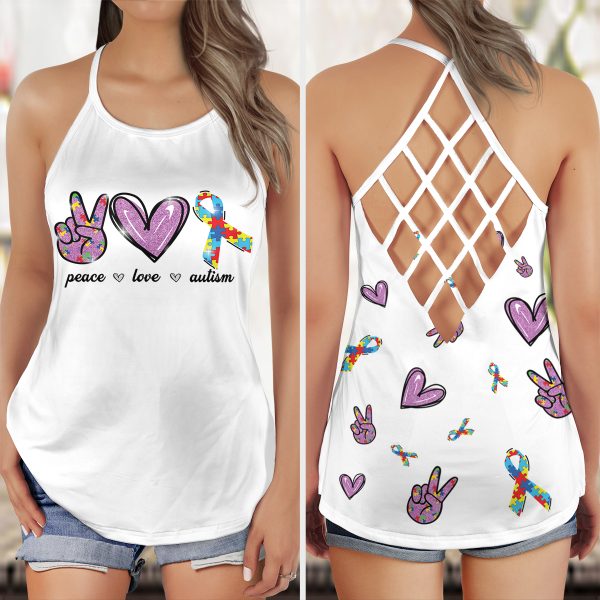 Funny Peace Love Heart Be Strong Autism Awareness 3D Criss-Cross Tank Top White Color