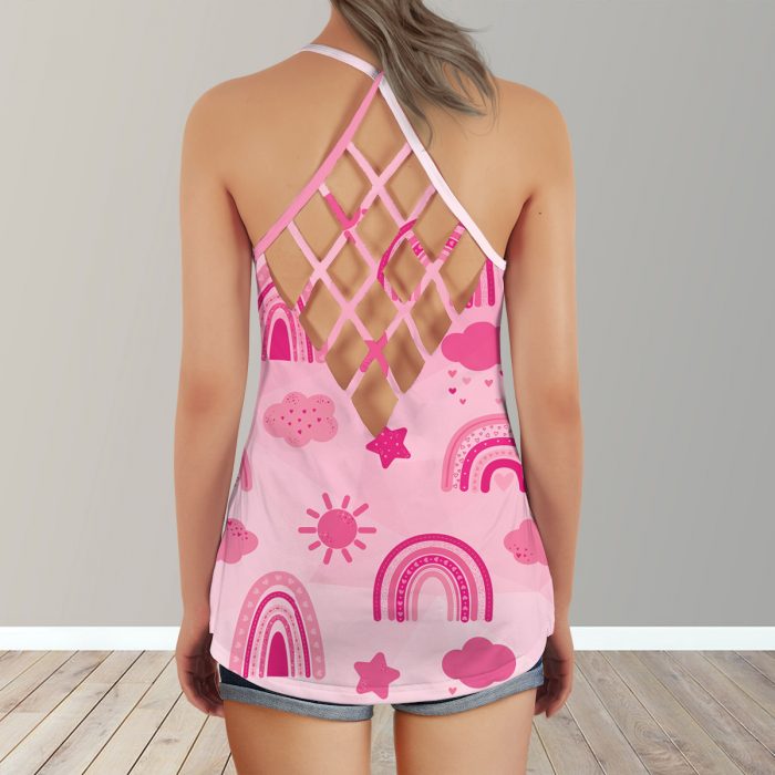 Be Kind Colorful Rainbow Heart Pink Color Autism Awareness 3D Criss-Cross Tank Top