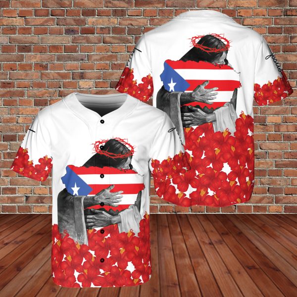 God Hubs Loves Puerto Rico Flag Hawaii Floral BaseBall Jersey Style 1