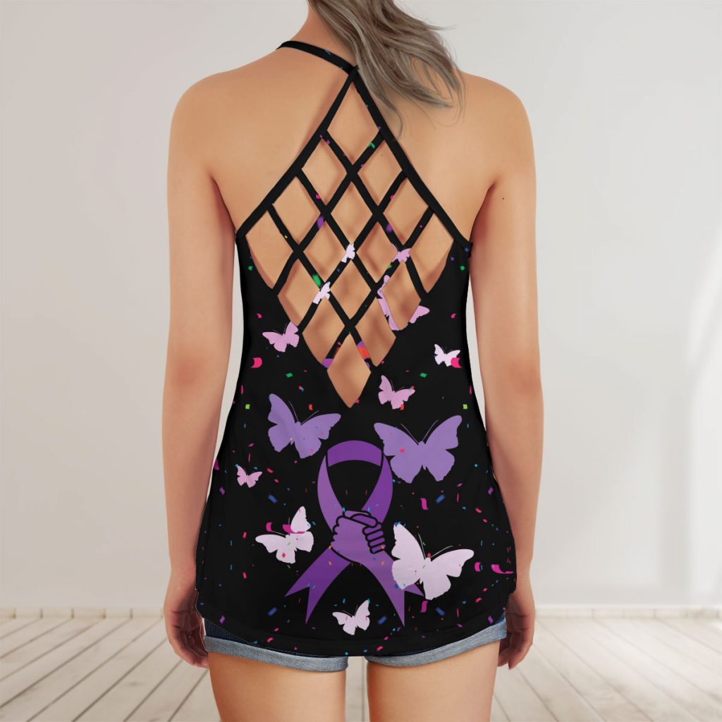 Fibromyalgia Awareness  Butterfly Hourse Never Give Up Criss-Cross Tank Top