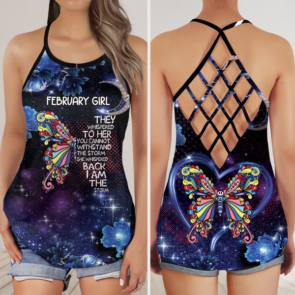 Custom Date February Butterfly Galaxy Floral Storm Whispered AOP Criss-Cross Tank Top