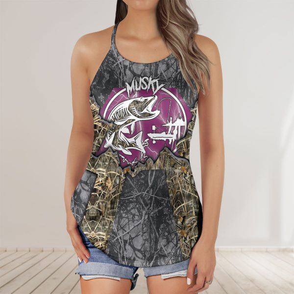 Musky Fishing Nature Shrubs Women AOP Criss-Cross Tank Top