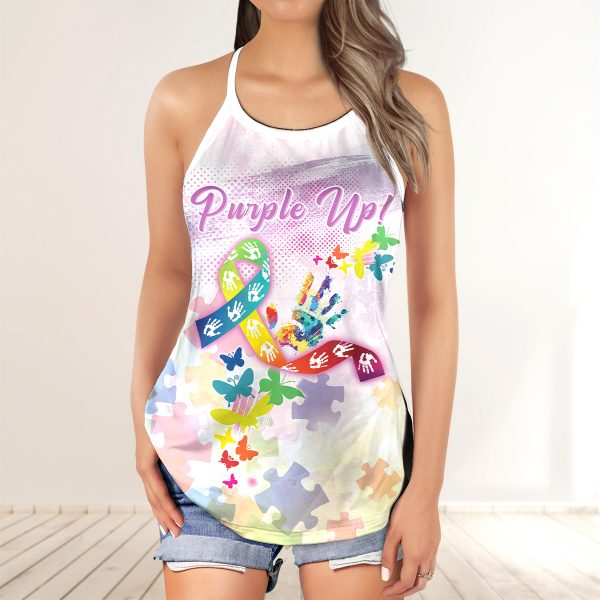 Purple Up Colorful Autism Awareness Butterfly  AOP Criss-Cross Tank Top