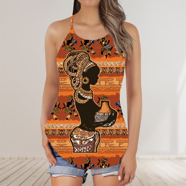 Africa Black Queen Juneteenth AOP Criss-Cross Tank Top