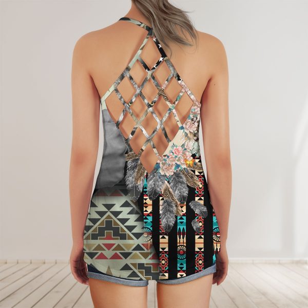 Native Wolf  – Indian American Geometric Dream Catcher Criss-Cross Tank Top