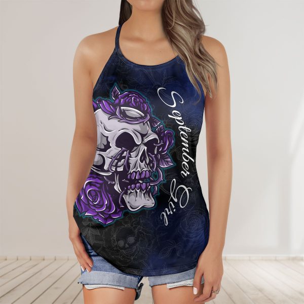 Custom Date September Girl Skul Purple Roses AOP Criss-Cross Tank Top