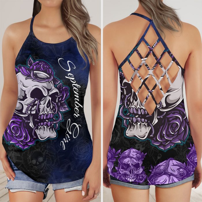 Custom Date September Girl Skul Purple Roses Aop Criss-Cross Tank Top