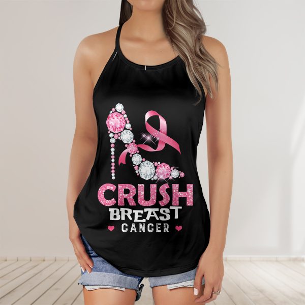 Crush Breast Cancer AOP Criss-Cross Tank Top Fighting for the Cure Pink Ribbon