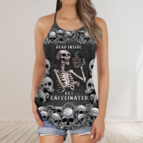 Skull Dead Inside Coffee But Caffeinated AOP Criss-Cross Tank Top Workout Lover