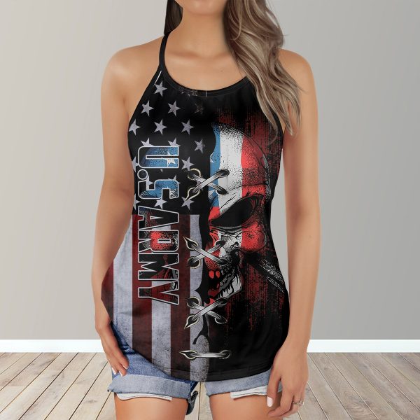 Punisher Skull Navy US Flag American Yoga Fitness AOP Criss-Cross Tank Top