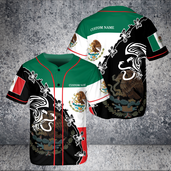 Mexican Flag Coat Of Arms Eagle With Snake Hawk Bird Vintage AOP Baseball Jersey