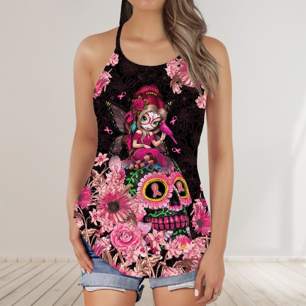 Sugar Skull Girl Floral Breast Cancer Yoga Fitness Criss-Cross Tank Top