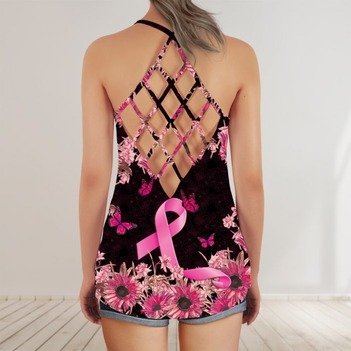Sugar Skull Girl Floral Breast Cancer Yoga Fitness Criss-Cross Tank Top