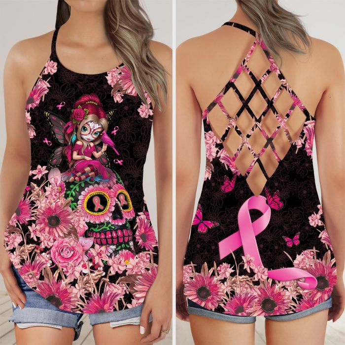 Sugar Skull Girl Floral Breast Cancer Yoga Fitness Criss-Cross Tank Top