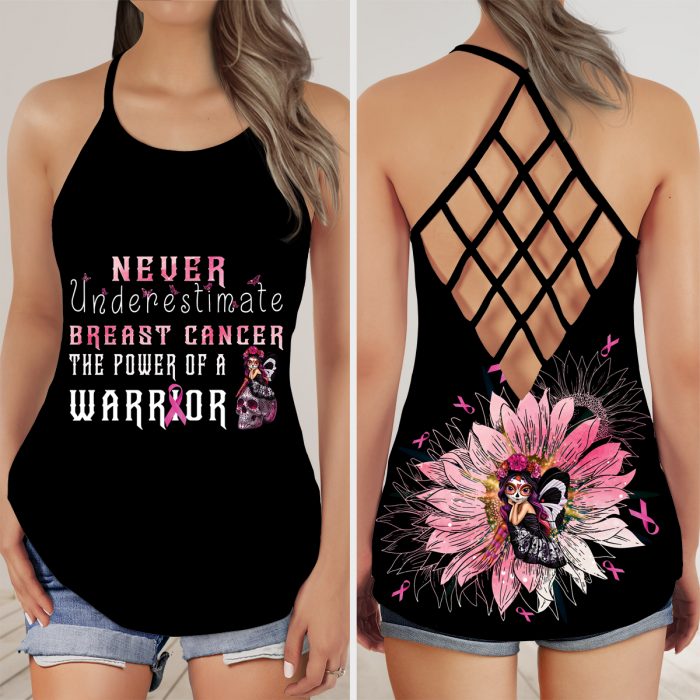 Sugar Skull Girl Never Underestimate Breast Cancer Awareness Warrior Criss-Cross Tank Top