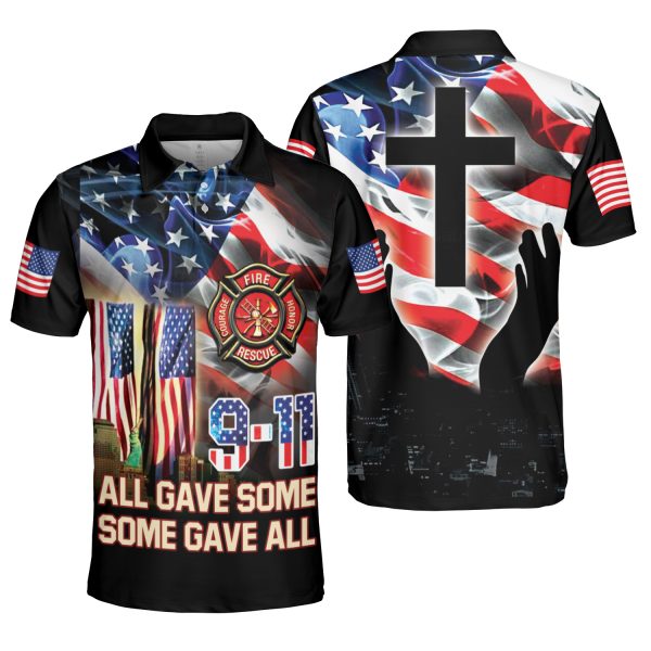 9/11 Firefighter US Flag God  Freedom All Gave Some, Some Gave  AOP Polo Shirt