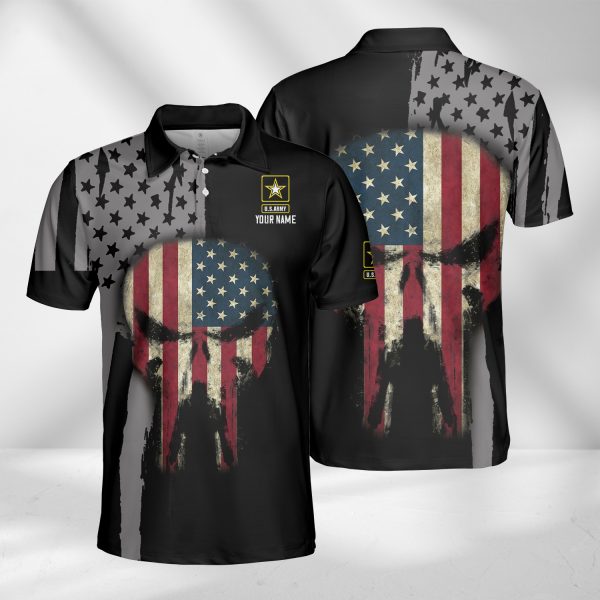 Custom Name US Army Punisher Skull US Flag AOP Polo Shirt Dark Style
