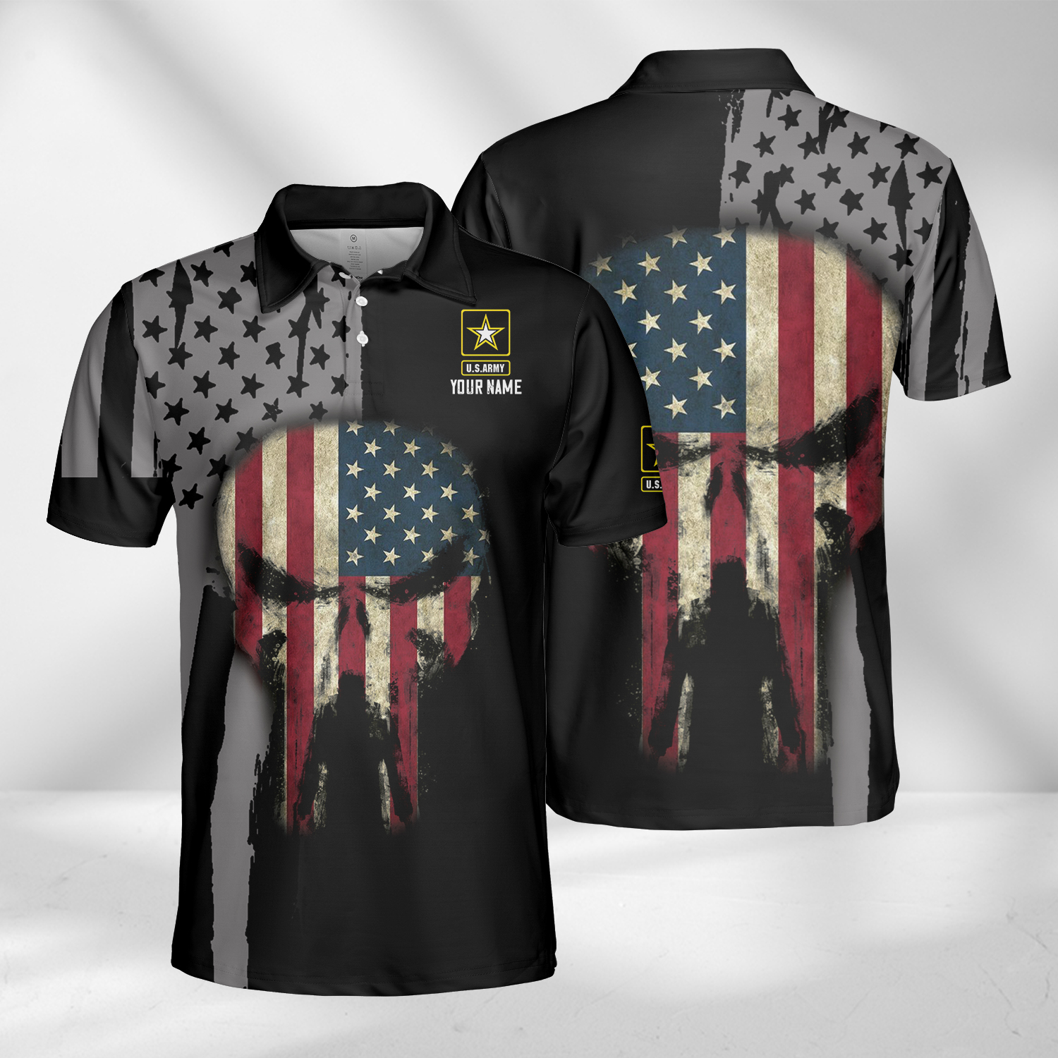 Custom Name US Army Punisher Skull US Flag AOP Polo Shirt Dark Style ...