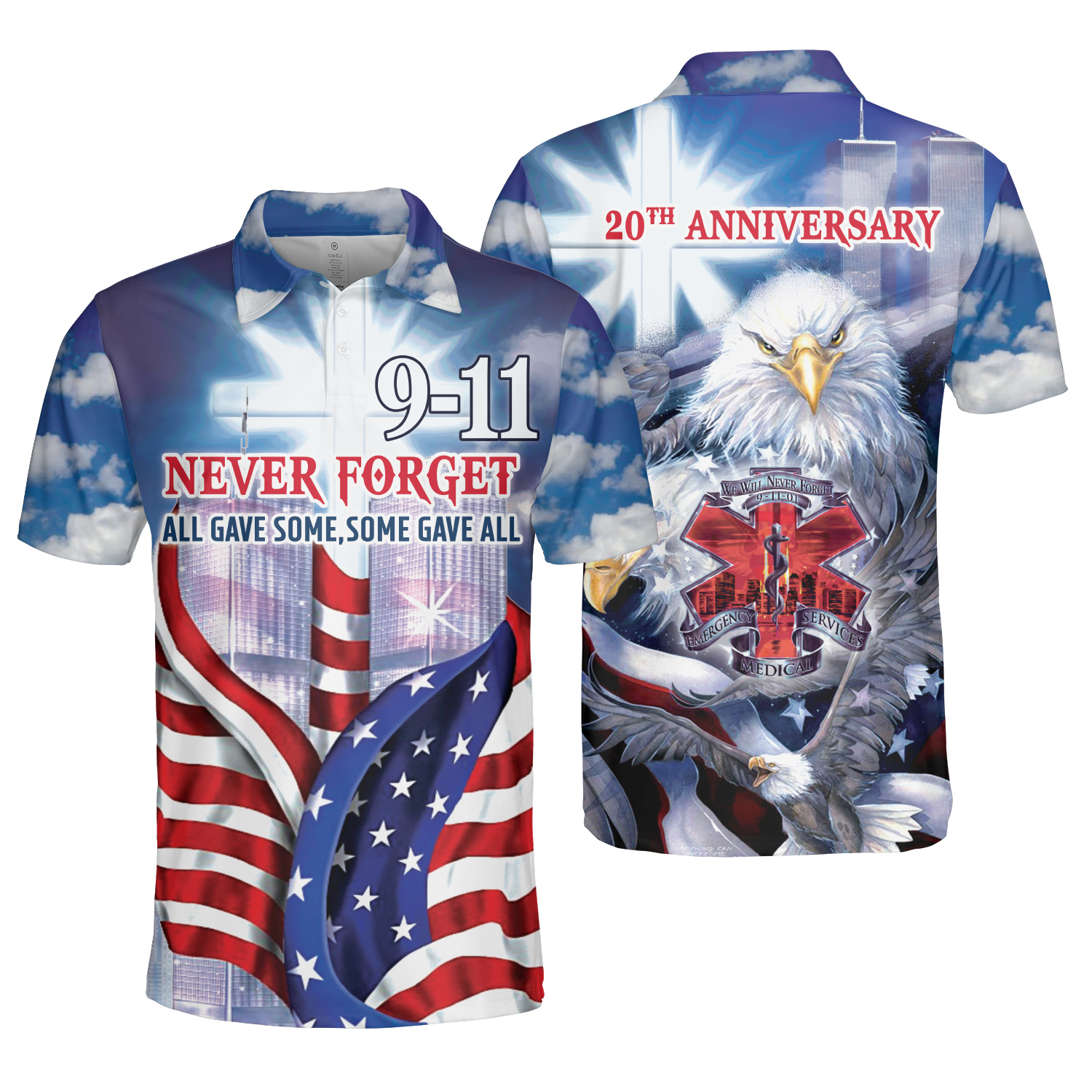 Firefighter God Eagle 20th Anniversary - Never Forget AOP Polo Shirt ...