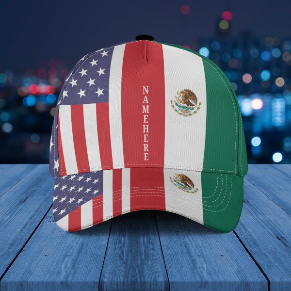 Mexico and America Flag AOP Custom Name Baseball Cap Hat