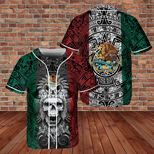 Custom Name Mexico Aztec Warrior Skull Flag AOP Baseball Jersey