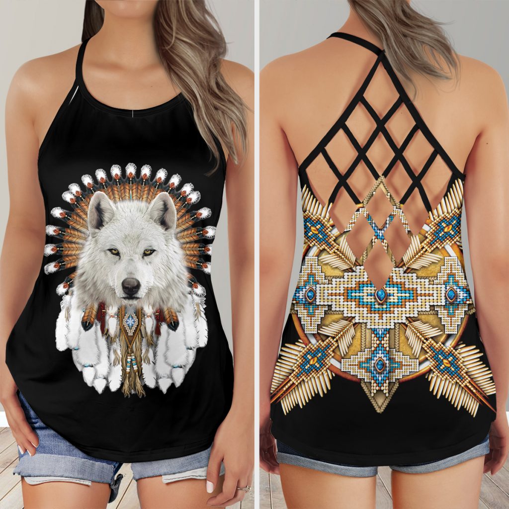 Native Wolf American Girl Yoga Dreamcatcher Aop Criss-Cross Tank Top