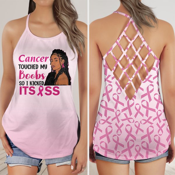 Black Girl Cancer Touched Me Boobs Kicked It Ass  Pink Criss-Cross Tank Top